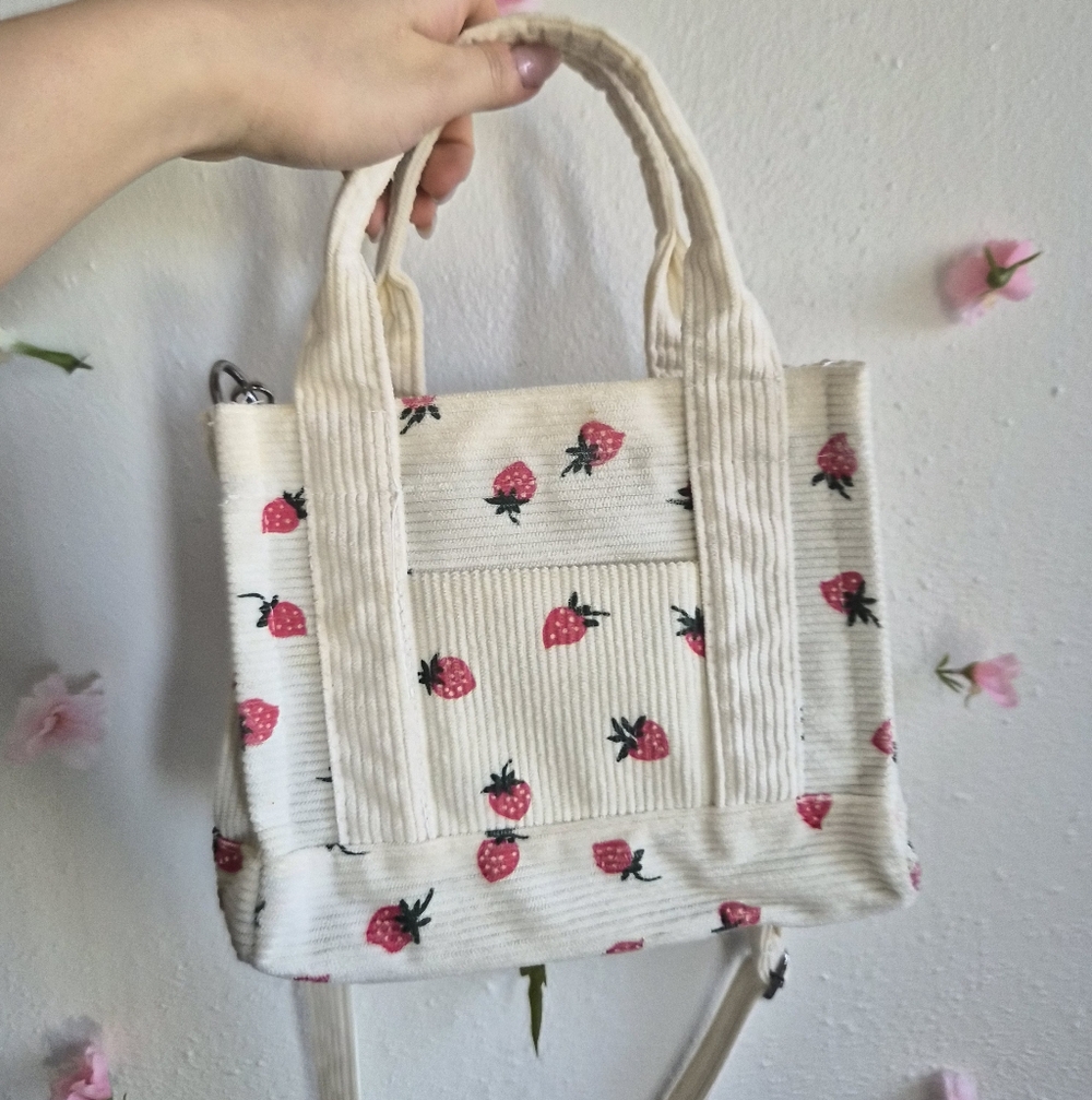Strawberry Print Cream Tote Bag